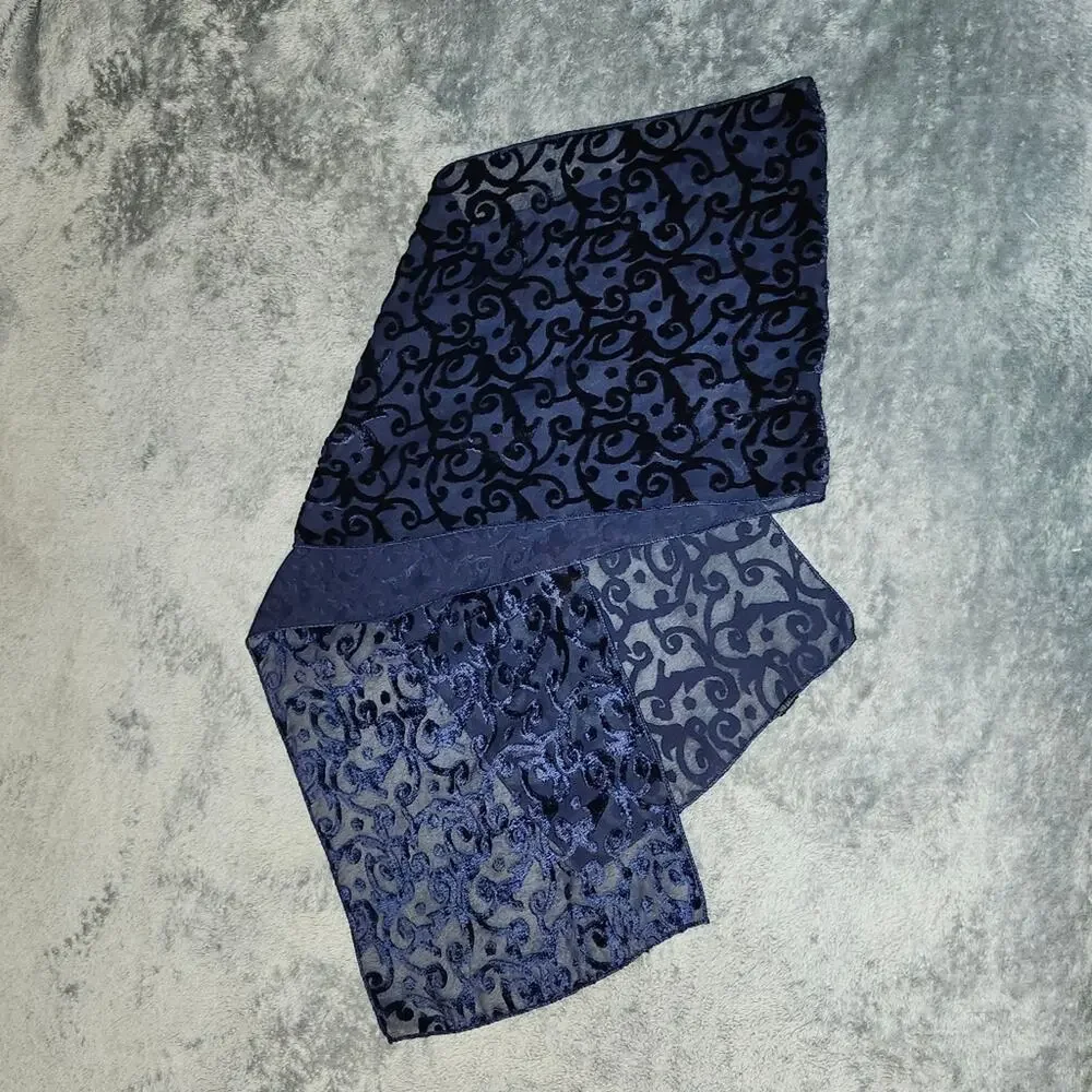 Blue Flocked Pattern Long Scarf • Velvety Texture • EUC